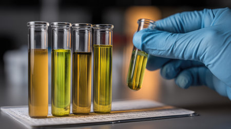 A laboratory scene featuring a hand in a glove holding a test tube, surrounded by colorful liquid samples in test tubes, illustrating scientific exploration.の素材