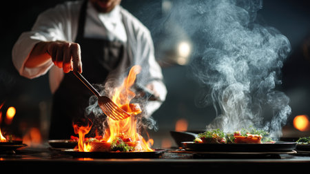 A skilled chef intensely prepares a gourmet dish, featuring flames and smoke, in a bustling kitchen setting. The visuals emphasize passion and artistry.の素材