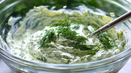A delicious creamy herb dip featuring fresh dill in a glass bowl, perfect for parties, appetizers, or healthy snacks. Easy to prepare and enjoy.の素材