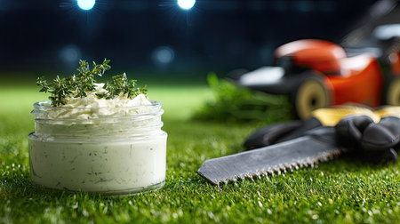 A fresh herb cream jar with thyme sits on vibrant grass, accompanied by gardening tools and a mower, capturing a dynamic gardening scene.の素材