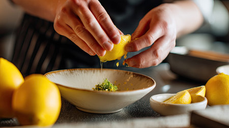 A talented chef demonstrates the art of squeezing fresh lemon juice into a bowl, enhancing flavors in a modern kitchen filled with fresh ingredients.の素材