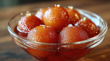 A vibrant bowl of gulab jamun, soaked in syrup, offers a delightful and festive treat perfect for special occasions and gatherings. Enjoy the rich flavors!の素材