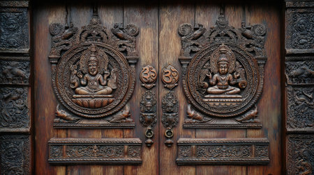 Stunning wooden doors adorned with detailed carvings of Hindu deities. This artwork showcases traditional Balinese craftsmanship and rich cultural heritage.の素材