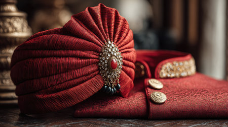This image features a stunning red turban paired with a matching jacket, showcasing intricate design and rich fabric. Ideal for cultural events or festive occasions.の素材