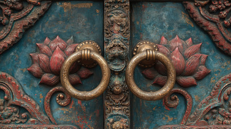 This enchanting image features an ornately designed door with vibrant floral motifs and brass hardware, capturing the essence of artistic craftsmanship.の素材