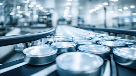 A dynamic view of metallic cans moving along a conveyor belt in a modern food processing facility. Bright lights enhance the atmosphere, showcasing efficient production and advanced technology in action.の素材