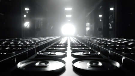 A striking black and white image capturing the perspective of cans lined up in an industrial warehouse, leading towards a bright light in the background.の素材
