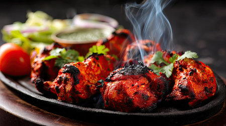 This vibrant image showcases spicy grilled chicken skewers, perfectly charred and smoky, served on a hot plate alongside fresh vegetables and chutney.の素材