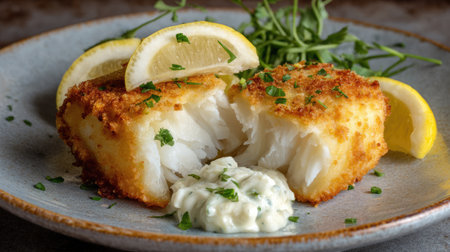 A beautifully plated crispy battered fish fillet garnished with fresh herbs, lemon wedges, and creamy sauce, perfect for a gourmet meal or snack.の素材