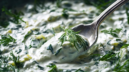 This vibrant image showcases a fresh herb yogurt sauce featuring dill and green ingredients, perfect for various dishes. The creamy texture makes it an ideal dip or dressing.の素材