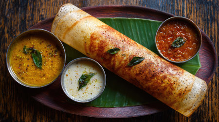 A tempting Indian dosa served with three varieties of chutneys, showcasing colorful flavors and textures on a wooden table with a green leaf.の素材