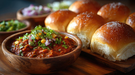 Indulge in a warm plate of butter chicken served with soft buns and adorned with fresh vegetables, perfectly capturing the essence of Indian cuisine.の素材