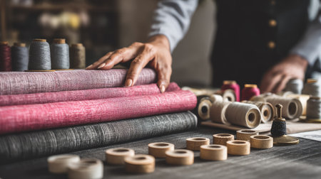 A skilled tailor's hand delicately chooses vibrant fabrics and threads in a well-organized workshop, showcasing the artistry in textile design and craft.の素材