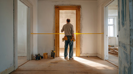 A construction worker stands in an empty room, carefully measuring the space with a yellow tape while planning a renovation project for the interior.の素材