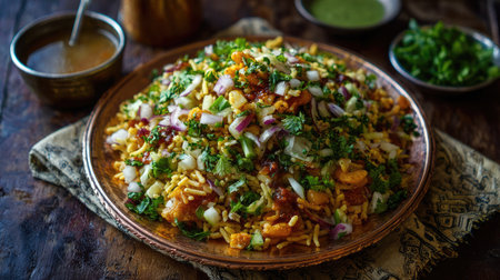 A vibrant Indian chaat dish presented on a traditional clay plate, enhanced with fresh herbs and toppings, ideal for food photography and culinary use.の素材