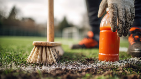 A close-up view highlights a brush and an orange drink bottle resting on a grassy sports field, emphasizing the care and preparation for athletic activities.の素材