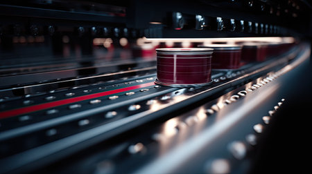 A captivating view of an industrial conveyor belt system featuring canisters in motion. The controlled lighting highlights the efficiency and precision of the production process.の素材