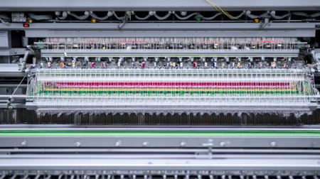 This image captures a state-of-the-art textile machine featuring vibrant threads, illustrating the intricate processes of modern embroidery and design in manufacturing.の素材