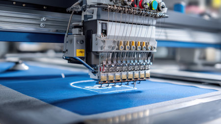 A high-tech embroidery machine at work, showcasing its precision in stitching colorful designs on fabric, highlighting the art of textile production.の素材