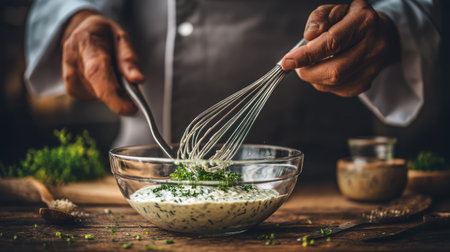 A skilled chef delicately whisks fresh herbs into a glass bowl, showcasing the art of culinary preparation in a rustic kitchen setting.の素材