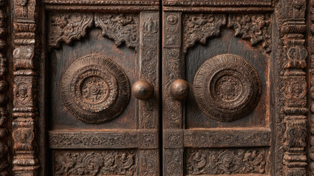 This image features an intricately carved antique wooden door with detailed patterns and round elements, reflecting traditional craftsmanship and cultural significance.の素材