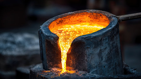 A mesmerizing image depicting molten metal cascading from a crucible in a foundry, showcasing the intense orange glow and the intricate details of industrial craftsmanship.の素材