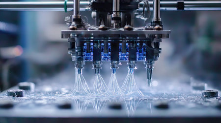 A captivating close-up image showcasing advanced 3D printing technology featuring multiple nozzles actively extruding filament in a precise and automated process.の素材