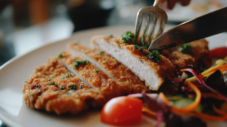 A close-up view of a crispy breaded chicken cutlet being sliced with a fork and knife, accompanied by a colorful fresh salad and vibrant vegetables.の素材