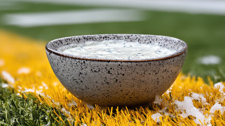 A rustic bowl filled with creamy dip sits on a bright yellow field, capturing a delightful contrast between the rich texture of the dip and vibrant colors around.の素材