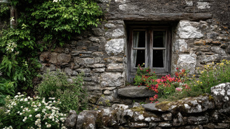 A beautiful rustic stone cottage featuring a weathered window frame and vibrant flower garden, surrounded by lush greenery, creates a serene outdoor ambiance.の素材