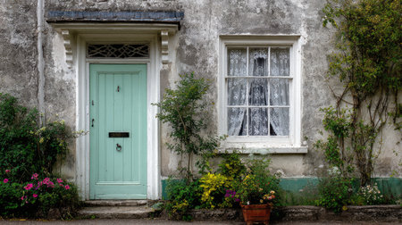 A charming vintage cottage entrance features a mint green door and lace curtains, framed by colorful flowers and an aged rustic wall, creating an inviting atmosphere.の素材
