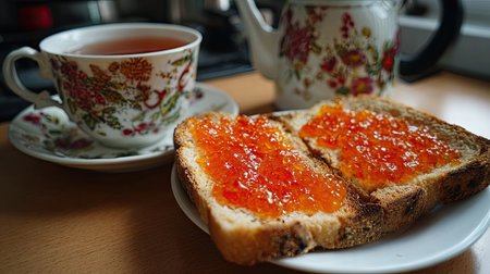 A delightful breakfast scene featuring golden toast spread with vibrant orange marmalade, accompanied by an elegant cup of tea in a cozy kitchen setting.の素材