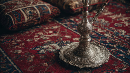 A beautifully crafted hookah sits elegantly on an intricate Persian rug, accented by decorative cushions, evoking a warm, inviting atmosphere perfect for relaxation.の素材