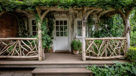 This serene porch features beautiful wooden railings entwined with vibrant greenery, inviting visitors into a tranquil and nature-inspired home setting.の素材