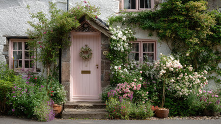 A picturesque cottage entrance featuring a lovely pink door adorned with a wreath, surrounded by vibrant flowers and lush greenery for a welcoming atmosphere.の素材