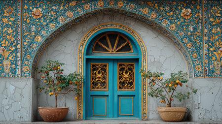 This stunning image showcases a beautifully crafted door adorned with vibrant floral patterns, complemented by potted orange trees, reflecting urban heritage architecture.の素材