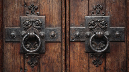 This image showcases an ornate wooden door featuring intricate metal knockers and vintage hardware elements. Perfect for architectural and decor themes.の素材