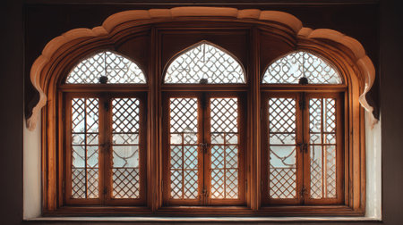 A stunning wooden window featuring intricate lattice work that allows natural light to illuminate the interior, perfect for showcasing traditional architecture.の素材
