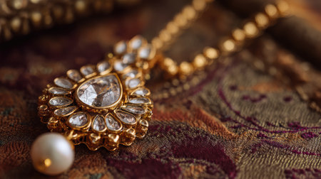 This exquisite gold jewelry piece features intricate designs with pearls and sparkling gemstones, elegantly displayed on rich textured fabric, perfect for showcasing luxury.の素材