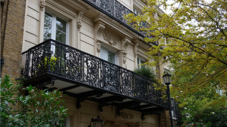 This image captures a striking historic building facade featuring an ornate iron balcony, beautifully framed by lush greenery, evoking a serene urban atmosphere.の素材