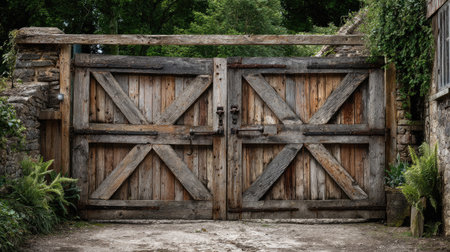 A beautifully weathered wooden gate features cross beams, enhancing the rustic charm of this outdoor space. Surrounded by lush greenery, it invites a serene atmosphere.の素材