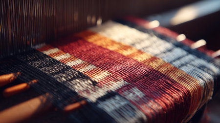 A close-up image focusing on vibrant threads on a traditional loom, showcasing the intricate artistry of weaving in beautiful natural light.の素材