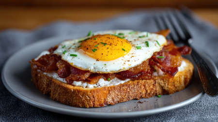 A mouthwatering breakfast dish showcasing crispy bacon, a perfectly cooked sunny side up egg, and fresh herbs on a toasted slice. Perfect for food lovers.の素材