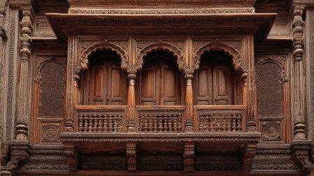 This image showcases a beautifully crafted wooden balcony featuring intricate carvings and ornate details typical of traditional architecture.の素材