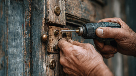 A skilled craftsman uses an electric drill to repair a vintage wooden door lock in a rustic workshop, showcasing detailed craftsmanship and dedication to restoration.の素材
