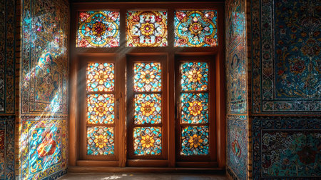 This captivating image showcases a set of stained glass windows filled with intricate patterns that beautifully illuminate an ornate room, creating colorful reflections and highlighting stunning craftsmanship.の素材