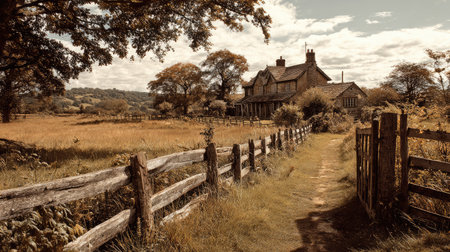 A picturesque pathway meanders through golden fields, leading to a charming rustic house enveloped by autumn trees, capturing the essence of tranquility and beauty in nature.の素材