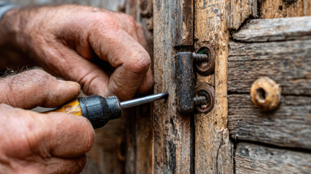A skilled artisan uses a screwdriver to repair a wooden door hinge, showcasing the beauty of rustic craftsmanship and the textures of aged wood in focus.の素材
