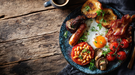 A vibrant breakfast plate featuring a fried egg, sausages, crispy bacon, grilled tomatoes, and mushrooms, set against a rustic wooden backdrop.の素材