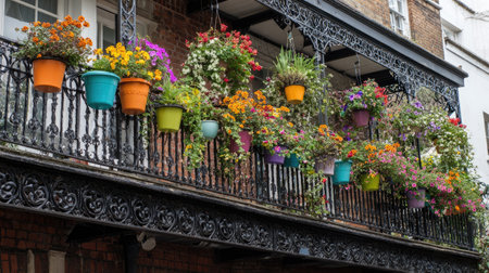 A stunning display of vibrant flower pots adorns a vintage balcony, showcasing a colorful assortment of blooming plants that enrich urban living.の素材